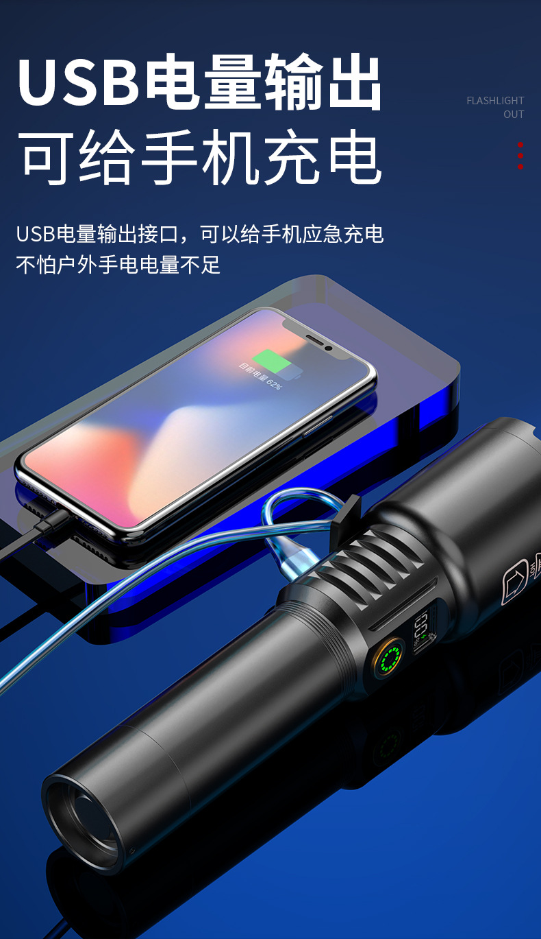 跨境新款户外手电筒强光聚光炮十万流明数显白激光手电筒充电便携详情14