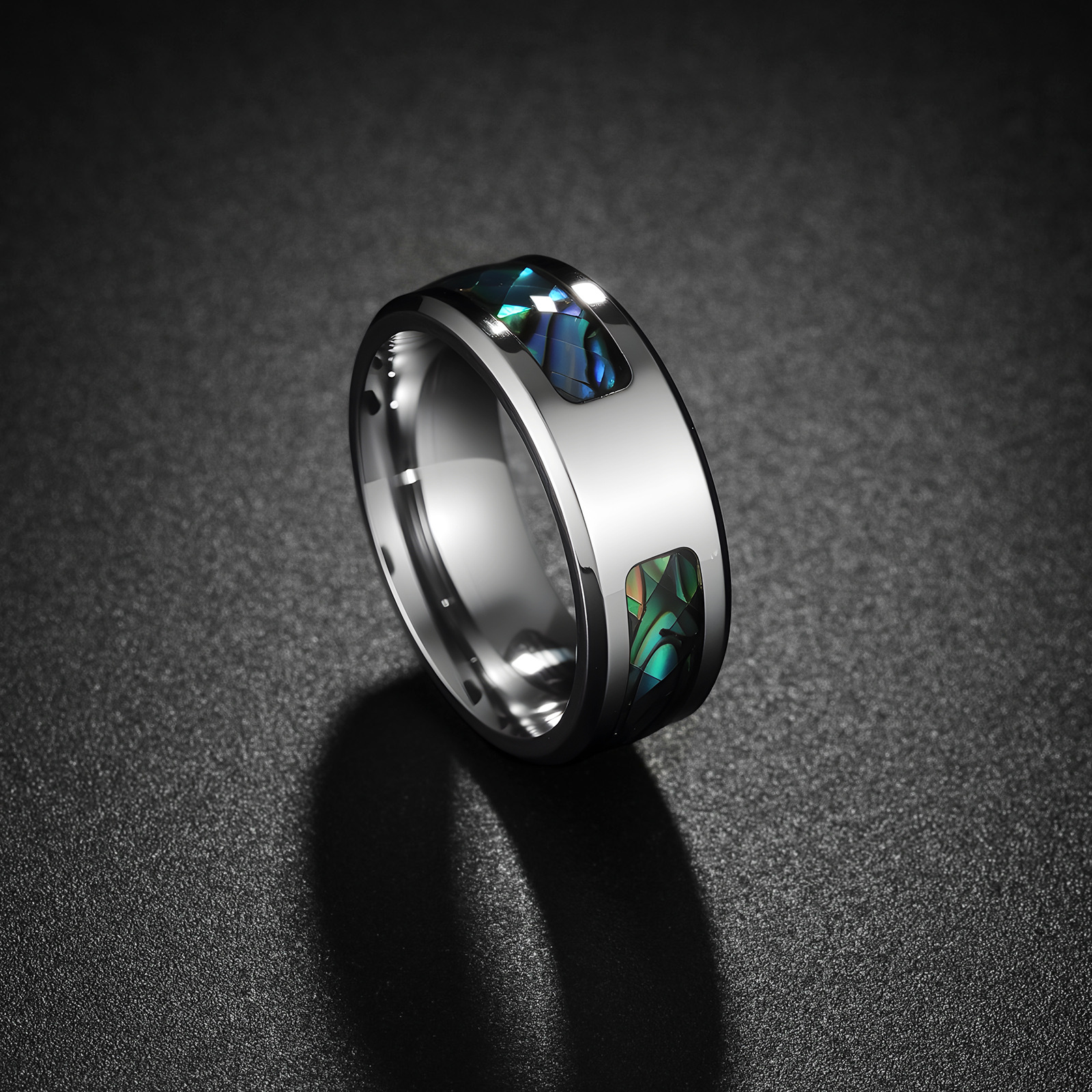 Amazon europa y américa venta caliente adornos incrustados abalone shell half circle para los hombres anillo de acero inoxidable logotipo se puede imprimir pic 5