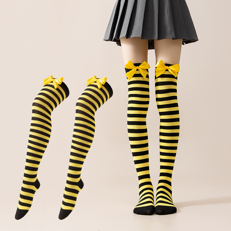 New European and American Halloween and Christmas knee-high socks, single-color striped thigh-high socks with bows, available in multiple colors pic 16