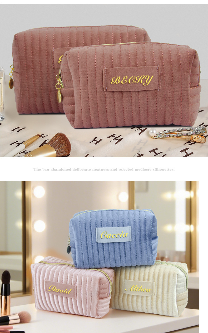 Cross-border bestseller plush makeup bag, high appearance level striped skin care and cosmetics storage bag pic 3