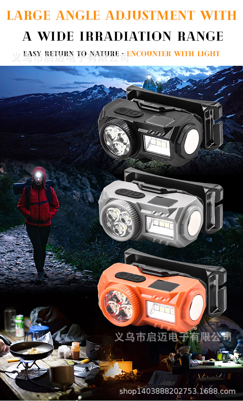 跨境新款多光源LED感应头灯头戴式跑步灯内置电池数显屏磁吸设计夜跑照明详情10