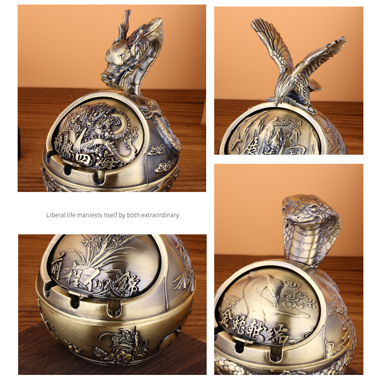 欧式金属十二生肖大号烟灰缸家用带盖复古防风防灰防摔办公室烟缸详情12