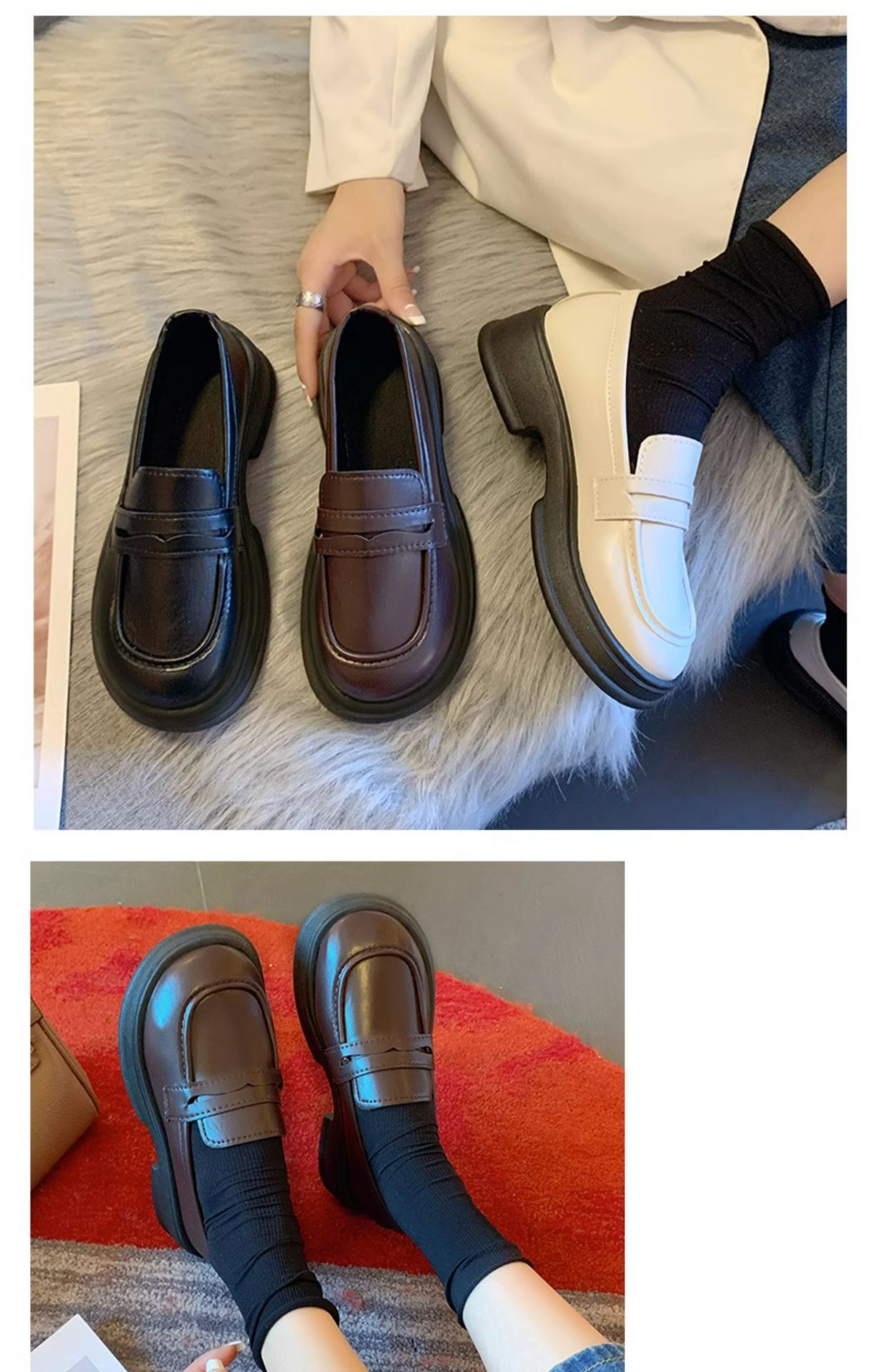 The new 2024 autumn collection of Japanese-style small leather shoes for women features a black thick-soled loafer with a British style, paired with a single jk uniform shoe pic 12