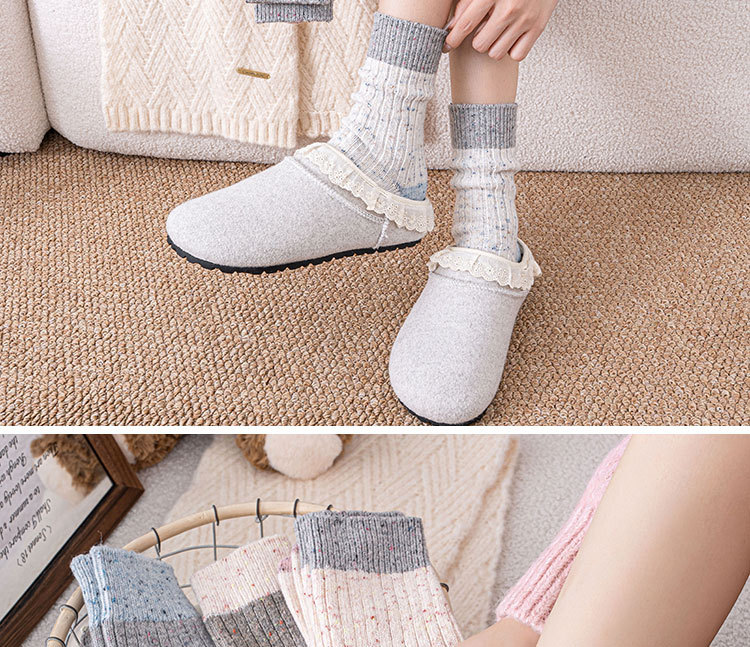 秋冬季新款羊毛袜子女中筒袜加绒加厚保暖点子纱拼色羊绒堆堆袜女详情20