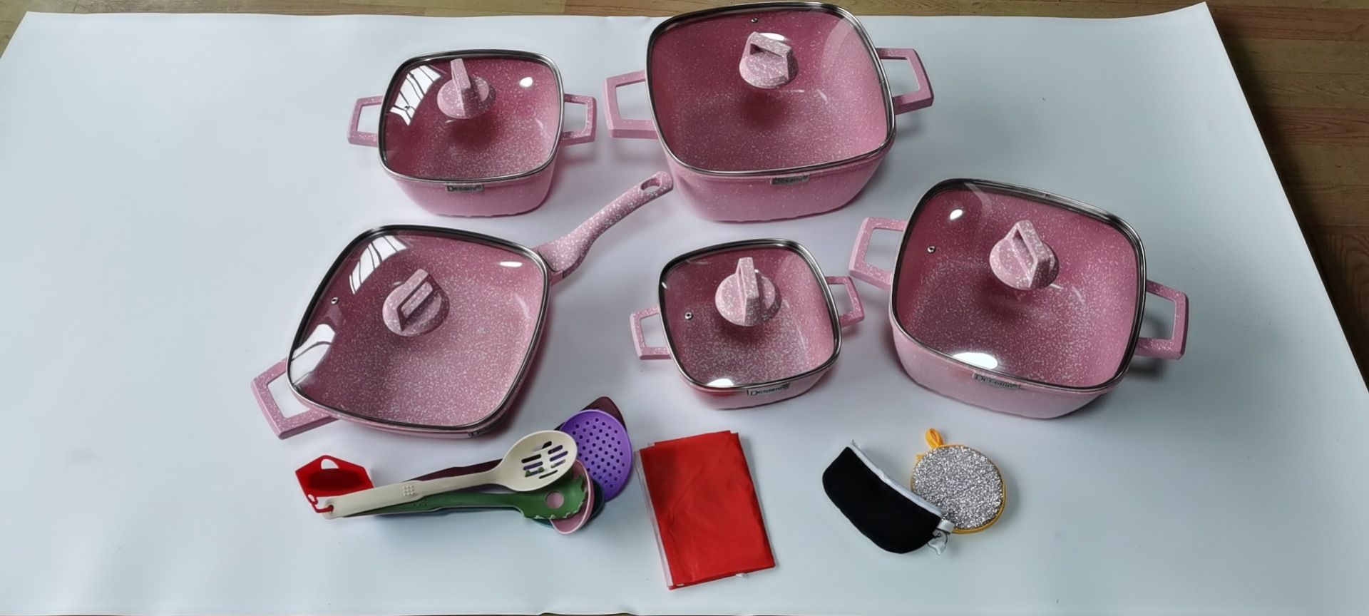 dessini25件套不粘锅方形条纹压铸铝锅麦饭石锅厨房组合锅具套装详情13