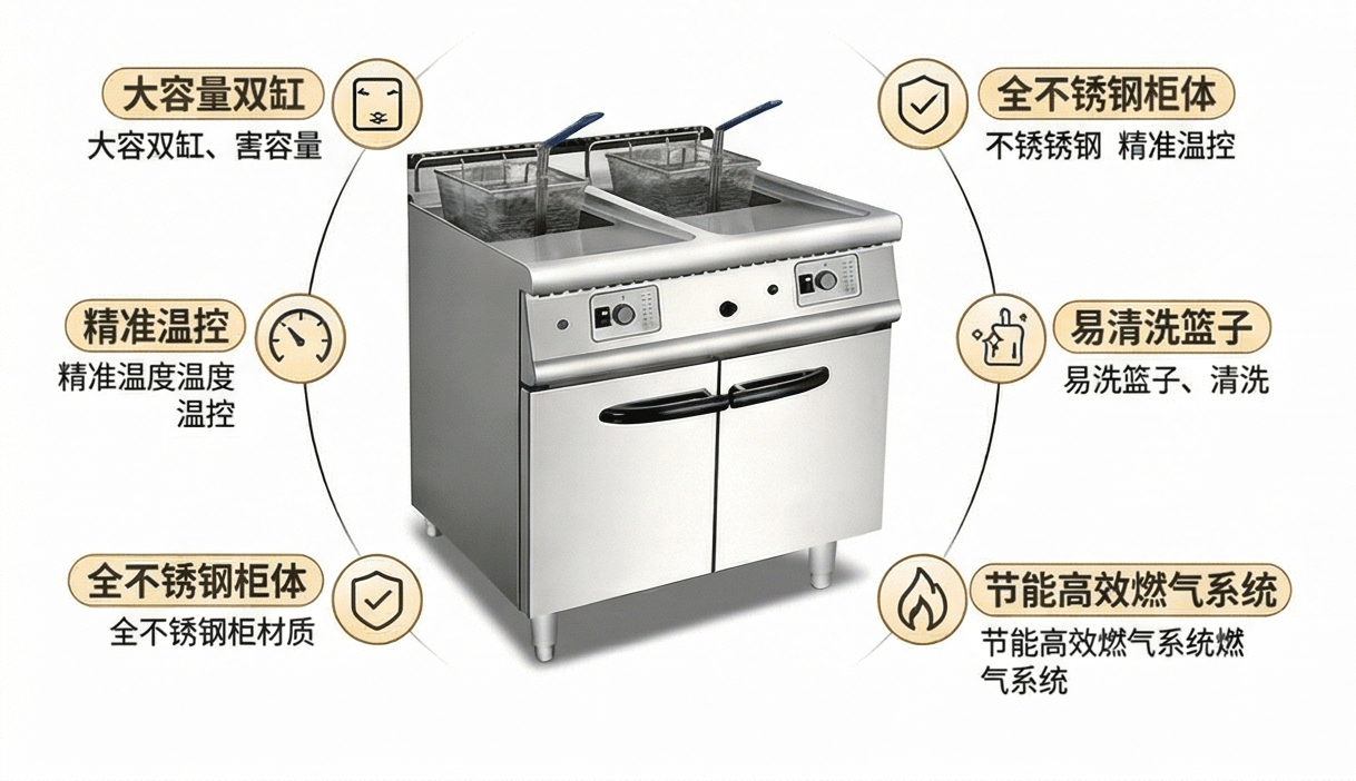 Kaiping double-cylinder double-screen gas fryer with cabinet base, commercial deep fryer, French fries machine, street frying machinery and equipment pic 4