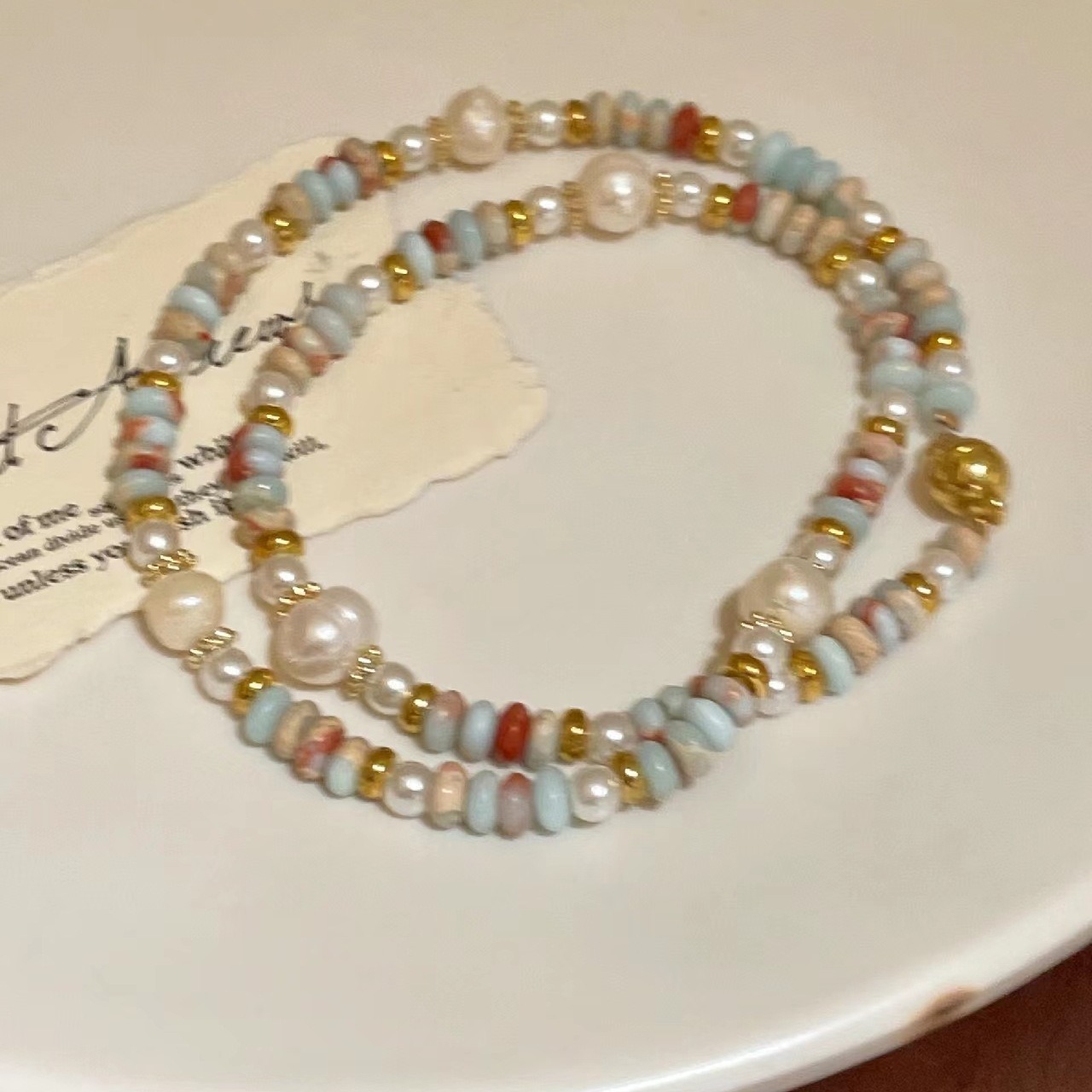 双层寿山石彩色串珠淡水珍珠手链甜美小众复古轻奢叠戴磁铁扣手链详情7