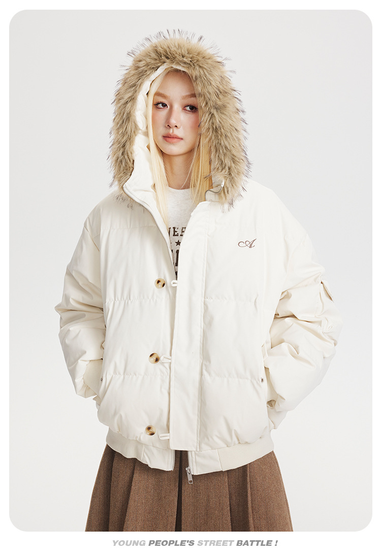CATTEE美式复古90白鸭绒毛领连帽羽绒服男女冬季防寒保暖短外套潮详情10