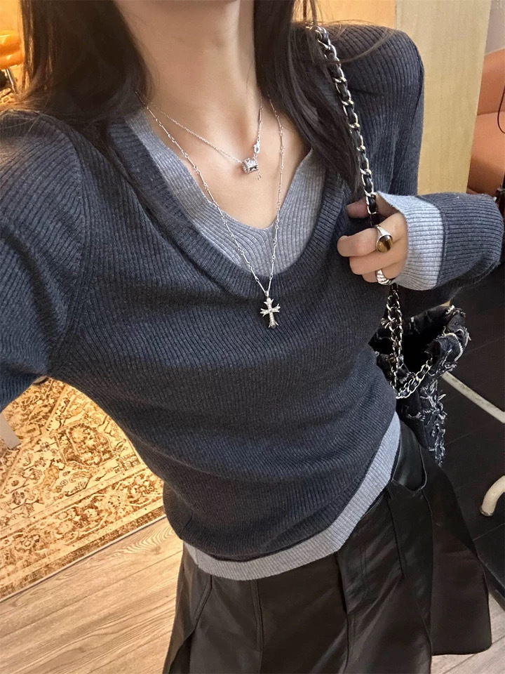 KANING假两件v领针织打底衫女秋季新款高级感内搭毛衣修身上衣潮详情4