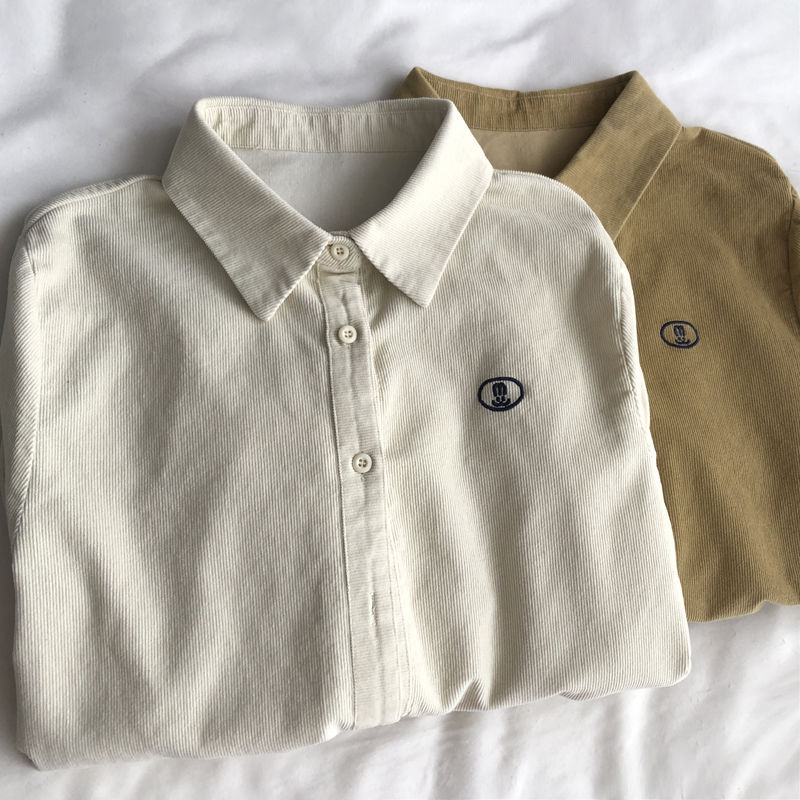 韩版小刺绣灯芯绒正肩长袖衬衫女翻领百搭叠穿衬衣秋冬小个子上衣详情4