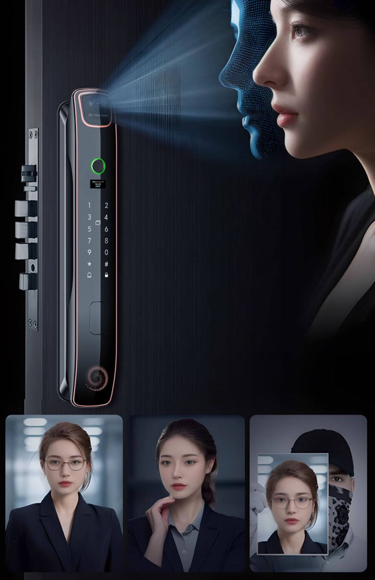 Black smart door lock, 3D facial recognition, large visual screen, digital keyboard, fingerprint recognition pic 9
