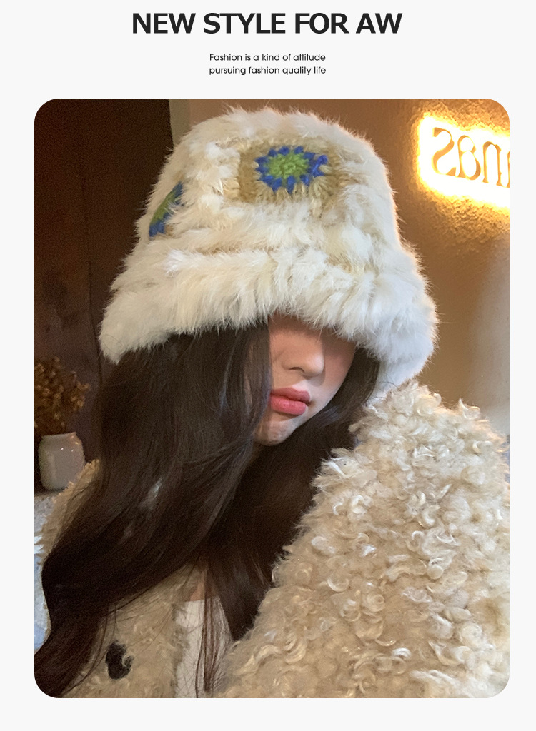 兔毛醒狮帽子女秋冬可爱保暖毛绒渔夫帽百搭显脸小水桶毛茸茸盆帽详情12