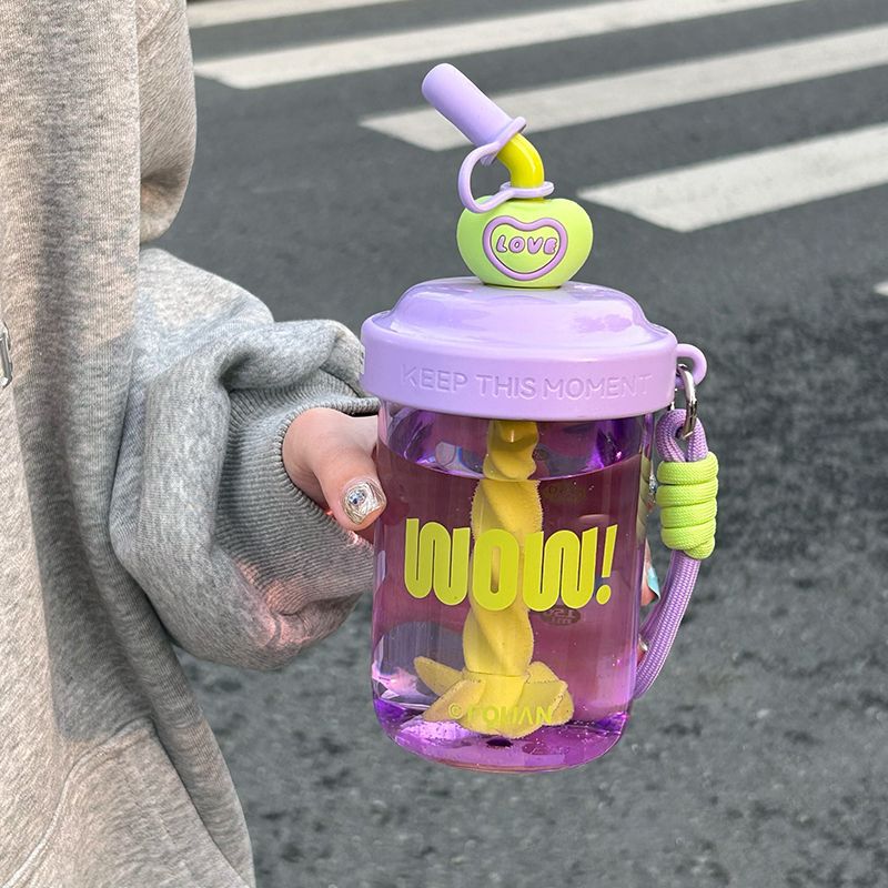 KT猫新款塑料吸管杯手动搅拌杯便携吸管杯可爱创意简约少女心水杯详情7