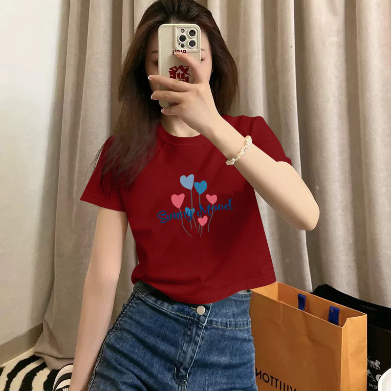Pure cotton short-sleeved T-shirt for women, new summer style, high-waisted short, spicy girl style, slimming and petite, round-neck base layer pic 21