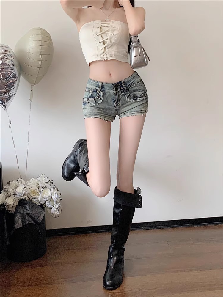 大码美式辣妹低腰牛仔超短裤女春夏新款紧身包臀热裤性感直筒裤子详情10