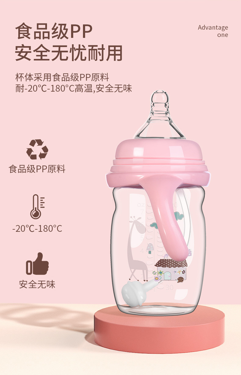 跨境爆款婴儿PP奶瓶宽口径防呛杯带吸管手柄新生儿奶瓶详情9