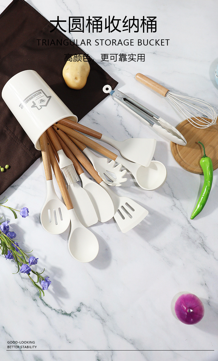 跨境硅胶锅铲汤勺12件套不粘锅硅胶铲食品级硅胶厨具套装现货批发详情6