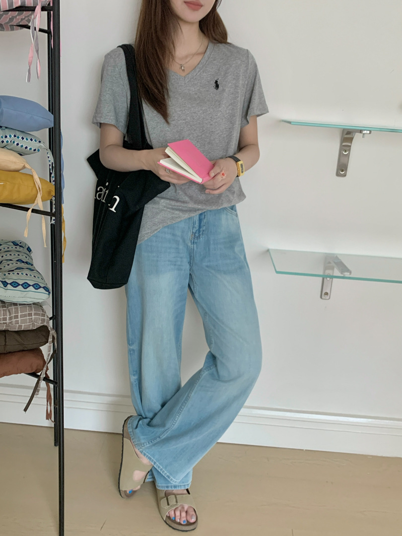 GAGD Korean-style V-neck embroidered short-sleeved T-shirt for women, a cool summer snowflake cotton loose casual top T-shirt pic 13