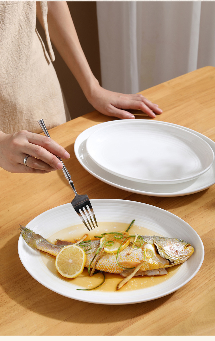条纹陶瓷鱼盘ins盘子家用批发餐具简约椭圆形纯白菜盘蒸鱼专用盘详情5