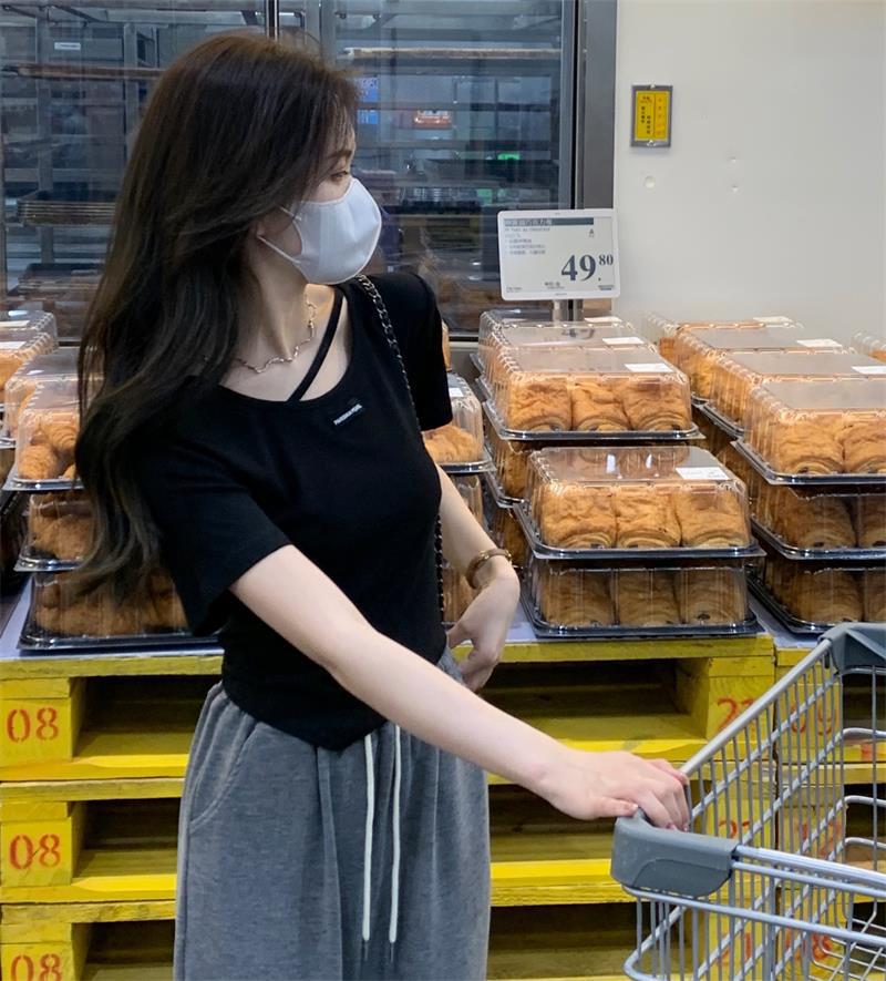 不规则设计感短袖T恤女夏季韩版2023新款辣妹风欲白色打底上衣详情7
