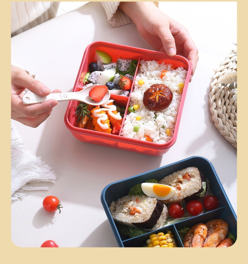 塑料饭盒微波炉学生分格便当盒带餐具酱料盒密封午餐盒方形详情7
