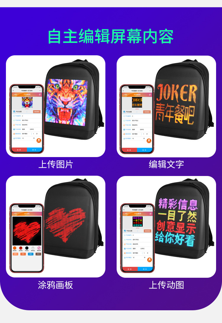 跨境LOY骑行背包 led双肩背包显示屏智能广告书包防水休闲DIY图案详情2