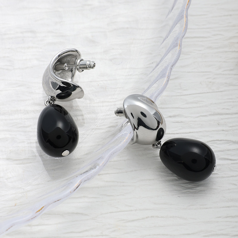 欧美小众复古黑玛瑙水滴项链耳环戒指女大号夸张黑色椭圆形耳钉详情9