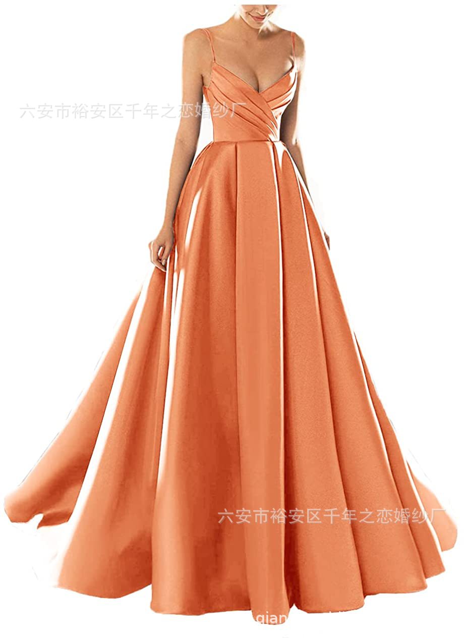 晚礼服欧美外贸2023新款春季中腰缎面粉色气质长款吊带宴会晚礼服详情19