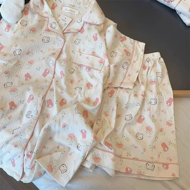 Pajama Women Summer Cloud Cotton 2024 New Style sweet and cute cardigan casual short-sleeved and short-shorts home wear set pic 39
