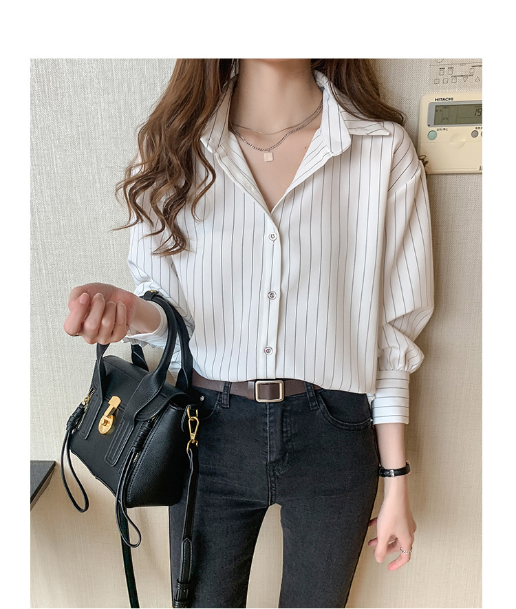 This vertical striped chiffon shirt for women with three-quarter sleeves is a new autumn collection. It features a unique and mature design with a sense of elegance and drape pic 16