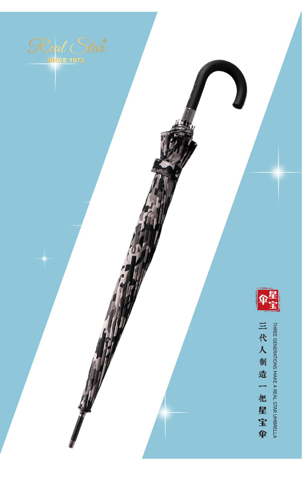 【欧美出口】男士商务直柄伞16骨25吋长雨伞迷彩印花加大伞面碰击详情7