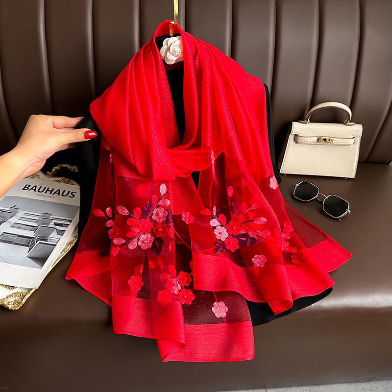 春秋新款钉珠仿真丝丝巾百搭刺绣海棠花长巾夏季防晒纱巾详情15