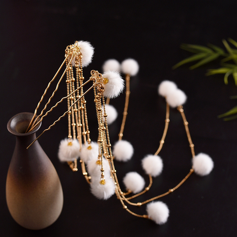 古风原创汉服秋冬毛球发饰少女百搭可爱长流苏珍珠发簪详情5