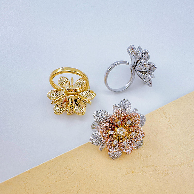 Bergamota cross border split color flor full diamond anillo mujer francés ins viento frío anillo DIY holder vacío handwear pic 15