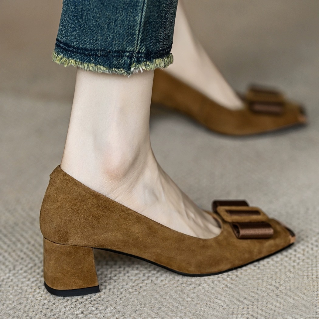 法式复古时尚蝴蝶结浅口单鞋女春秋新款方头中跟粗跟百搭高跟瓢鞋详情7