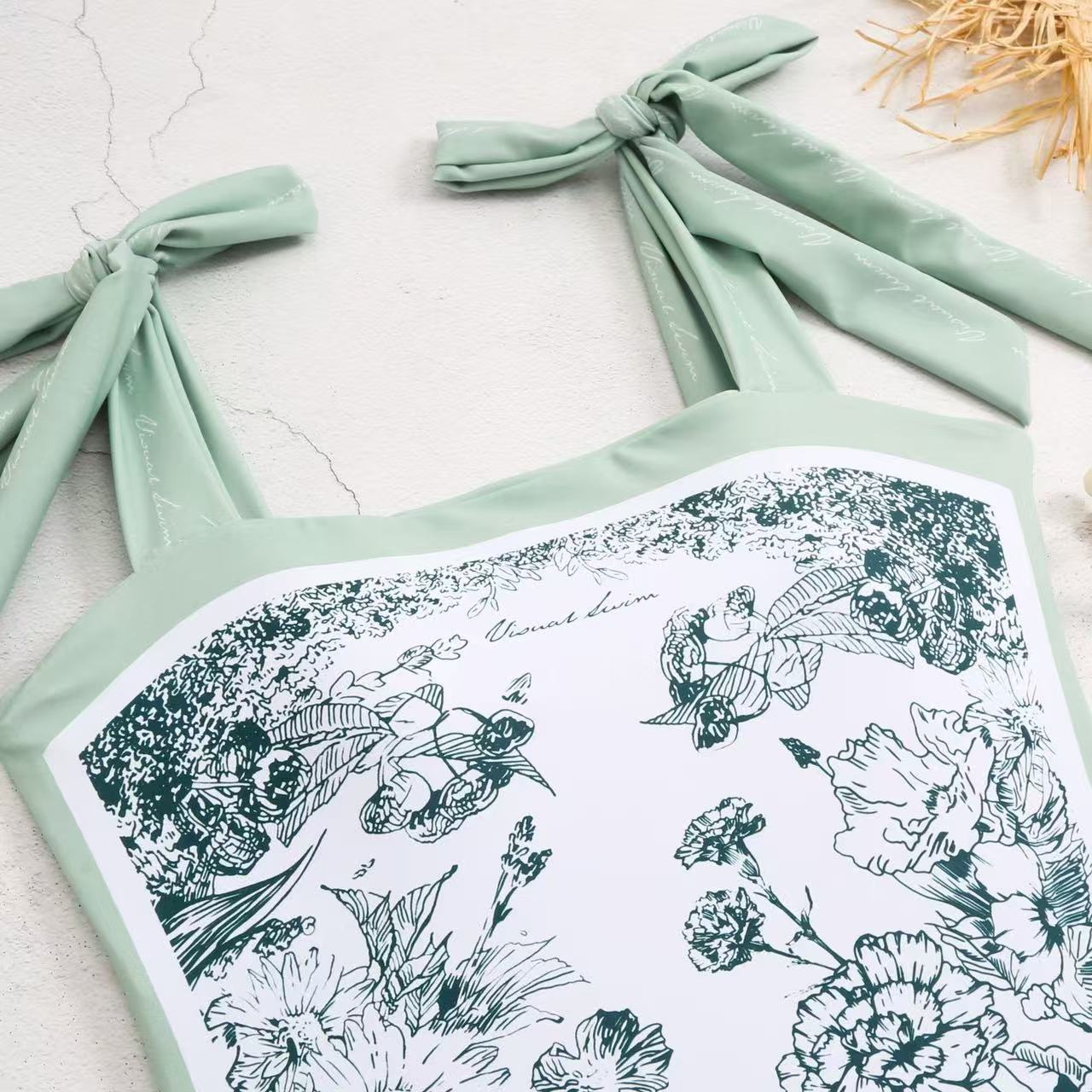 跨境双面印花连体泳衣复古风小清新抹胸系带连体泳装2024外贸新款详情7