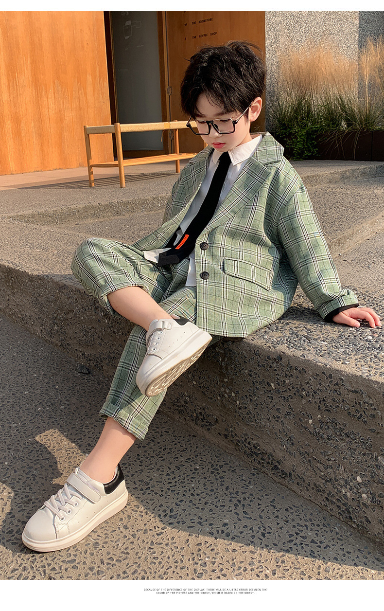 男童西装套装中大童2025春秋格子两件套帅气男孩休闲西服韩版童装详情9