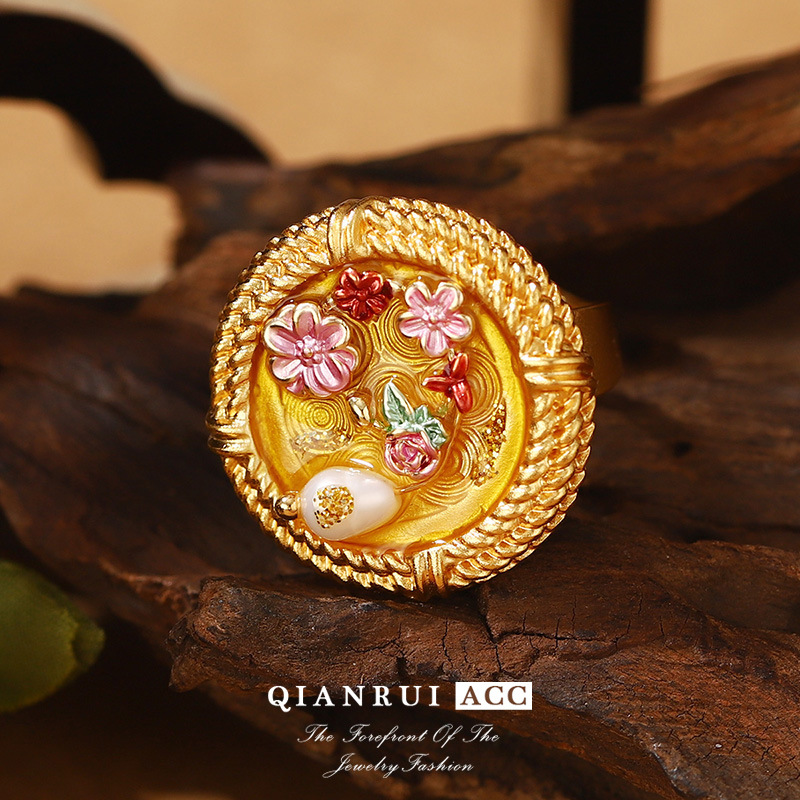 恶魔之眼珍珠夸张开口戒指莫奈花园油画系列流苏花卉珐琅耳环批发详情27