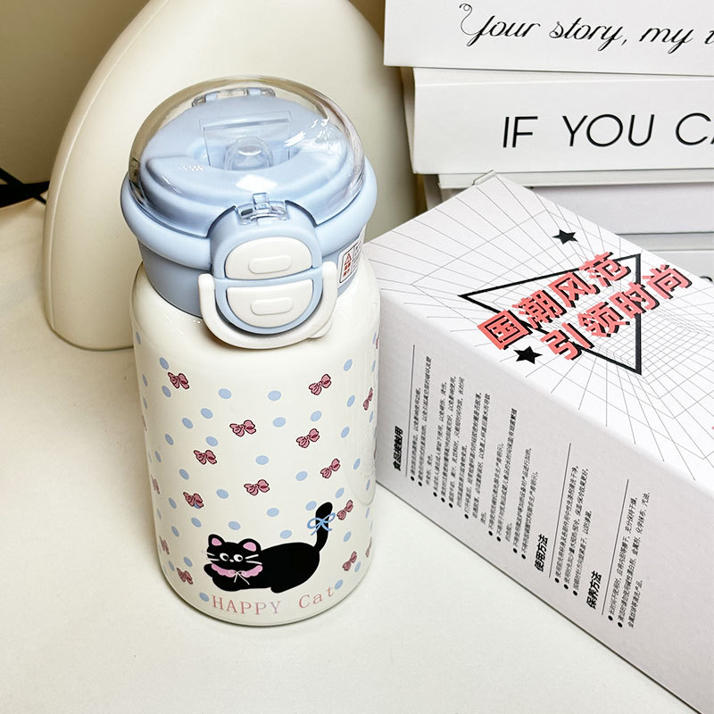 简约小猫保温杯可爱高颜值女生学生吸管杯儿童316不锈钢双饮水杯详情12