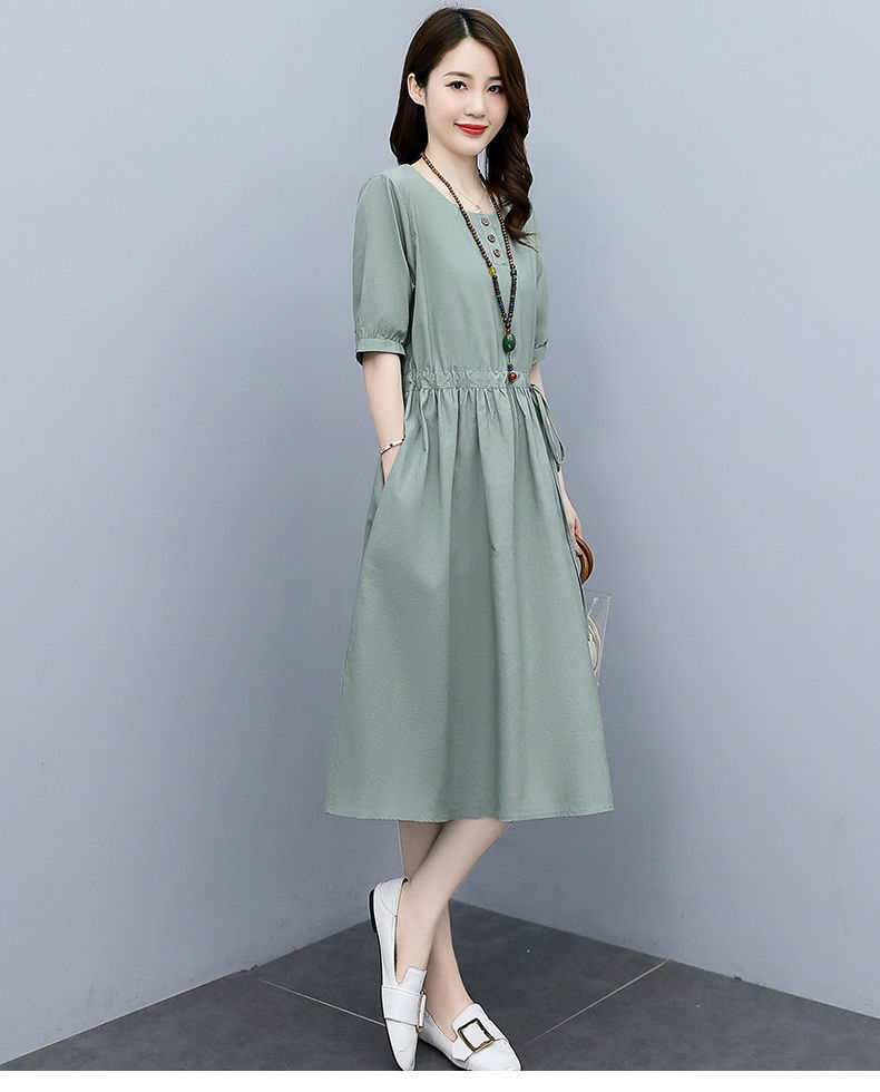 Mid-length cotton and linen dress for women, new summer 2024, high-end and elegant, waist-cinching, slimming and belt-covering A-line dress pic 9