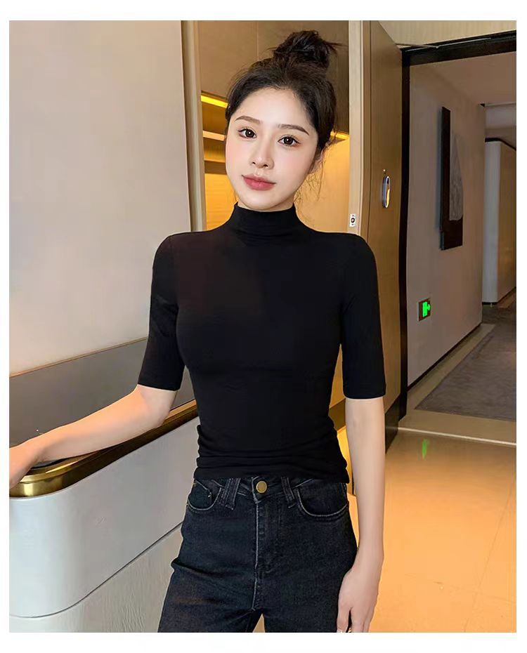 2024新款秋冬小立领短袖T恤女早秋新款韩版修身半高领五分袖纯色详情10