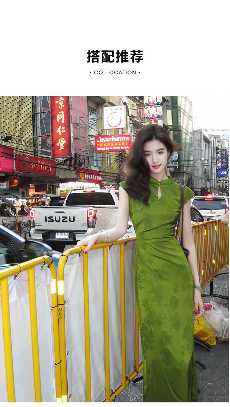 西遇新中式改良旗袍女2025年夏季新款提花水滴领修身无袖连衣裙详情7