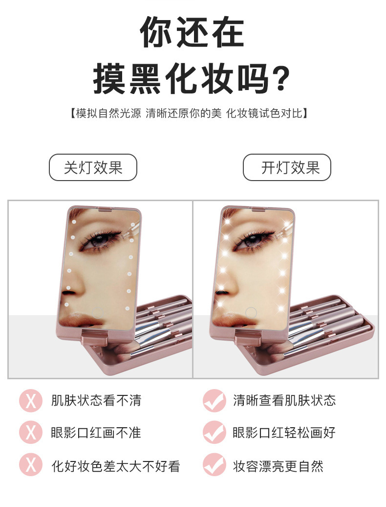 Cross-border led makeup mirror with light, 5-piece makeup brush set, makeup brush storage box with lid, dust-proof pic 2