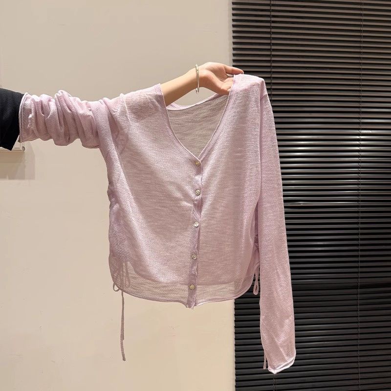 奥特莱斯~大牌余单V领防晒针织长袖开衫女潮夏季新款抽绳薄款上衣详情1