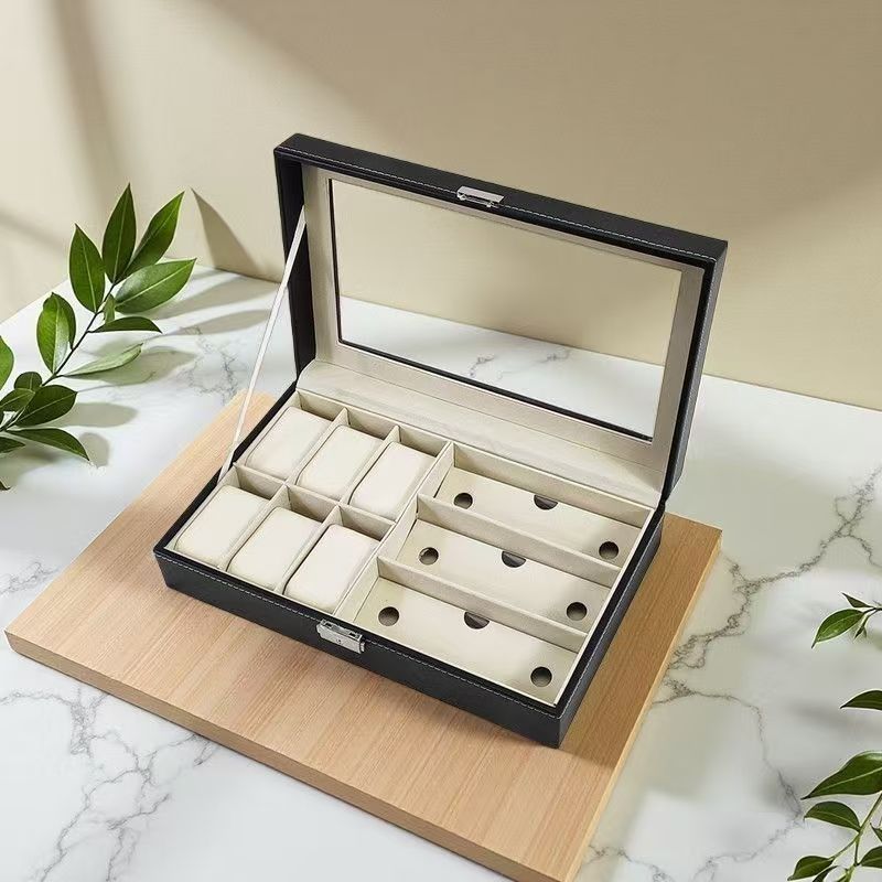 Watch and glasses integrated storage box, pu leather, simple, exquisite and elegant, multi-functional jewelry organization and display box pic 2