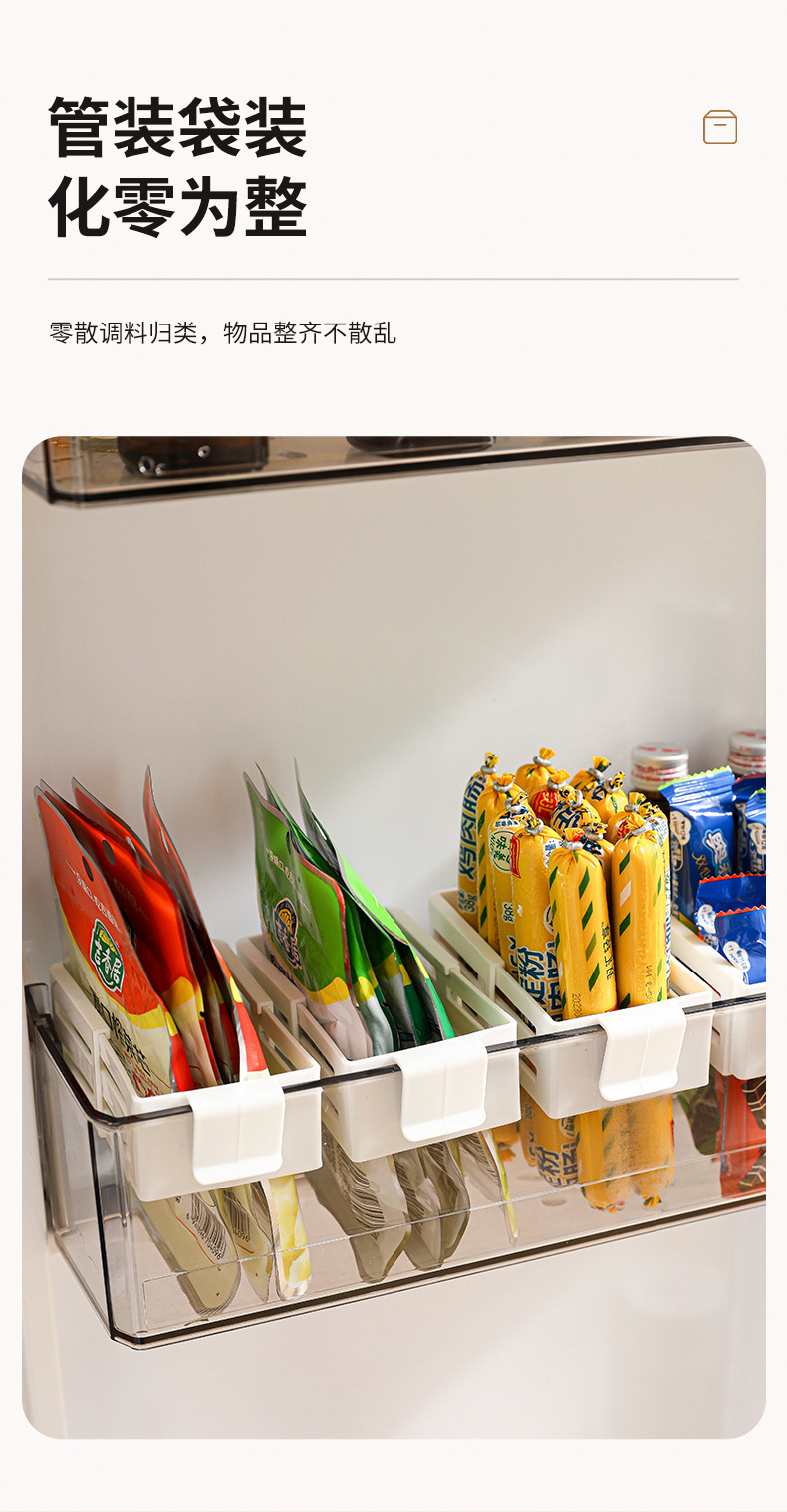 The refrigerator can be extended and the hanging box can be freely adjusted. It is a snap-on type refrigerator with a side door, sauce packets, small snacks, and a small hanging basket for organizing pic 9