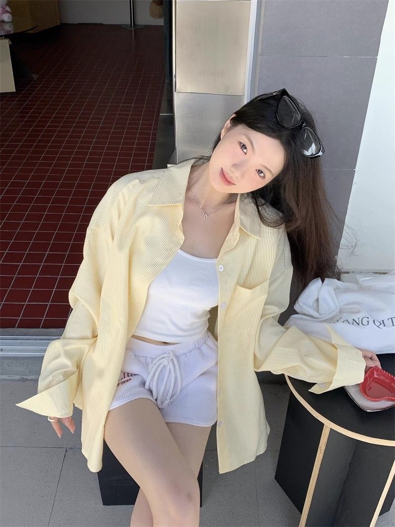 复古港风条纹衬衫外套女春夏长袖休闲垂感衬衣设计感上衣跨境批发详情5