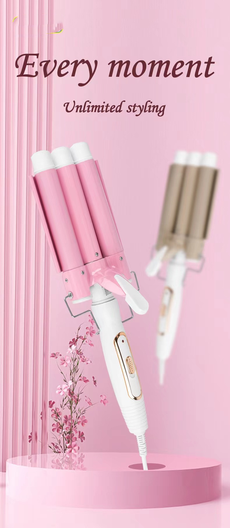 廠家直銷電動卷發(fā)棒家用蛋卷棒夾板金色三棒卷發(fā)器大波浪電卷棒詳情2