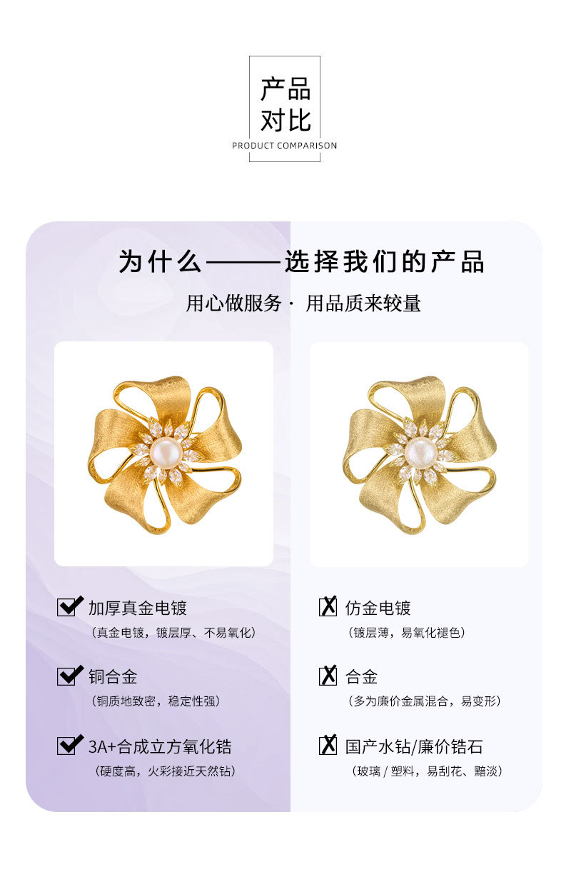 Light luxury and elegant golden brushed flower brooch, copper inlaid zircon freshwater pearl exquisite brooch, best-selling clothing and accessory brooch pic 21