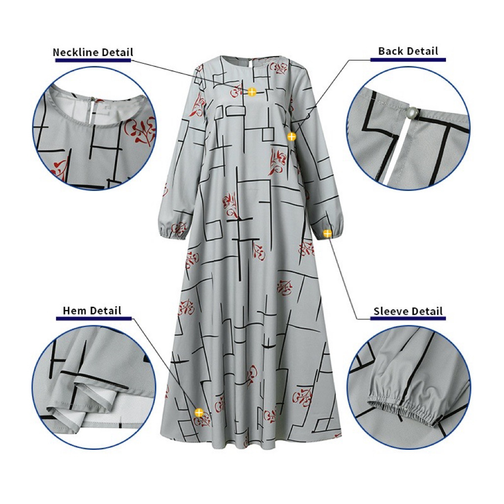 2026 New cross-border Middle East Muslim casual pullover long-sleeved loose round-neck long printed dress Long dress pic 8